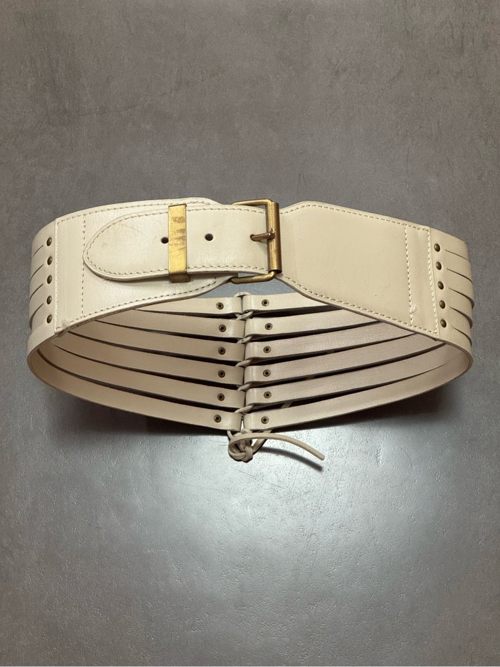 Alaïa Paris Laced Corset Belt in Cream Leather w/ Gold Buckle, Womens Size 70 cm